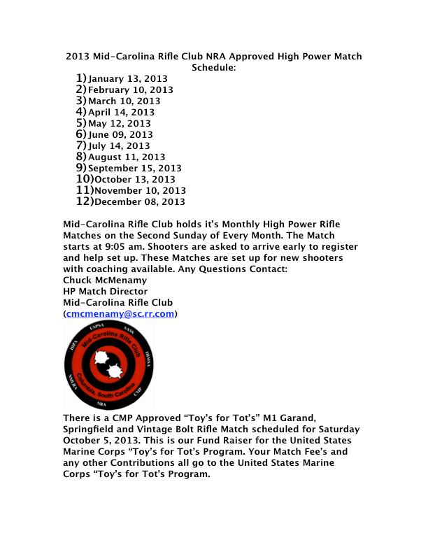 2013 Mid-Carolina HP Match Schedule for Gun Rights of South Carolina Web Site