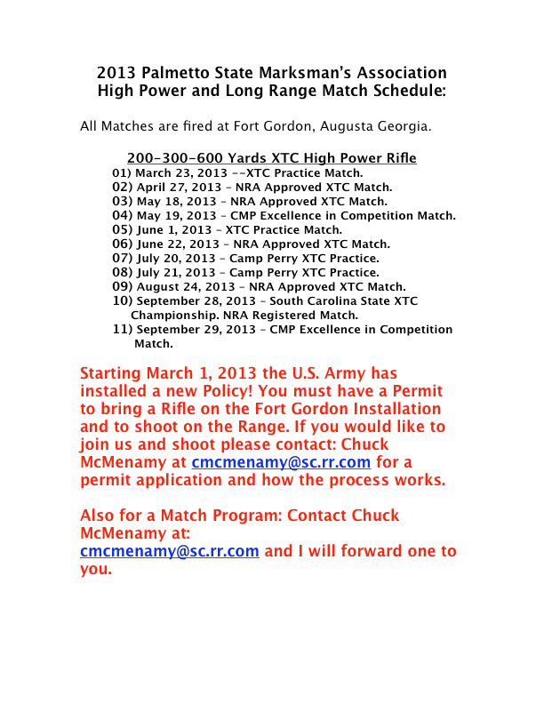 2013 Palmetto State Marksman’s Association High Power and Long Range Match Schedule pg 1