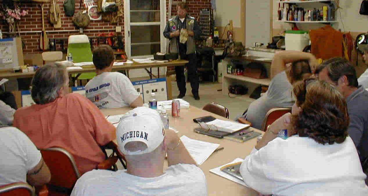 An Instructor demonstrates how to carry a concealed weapon.